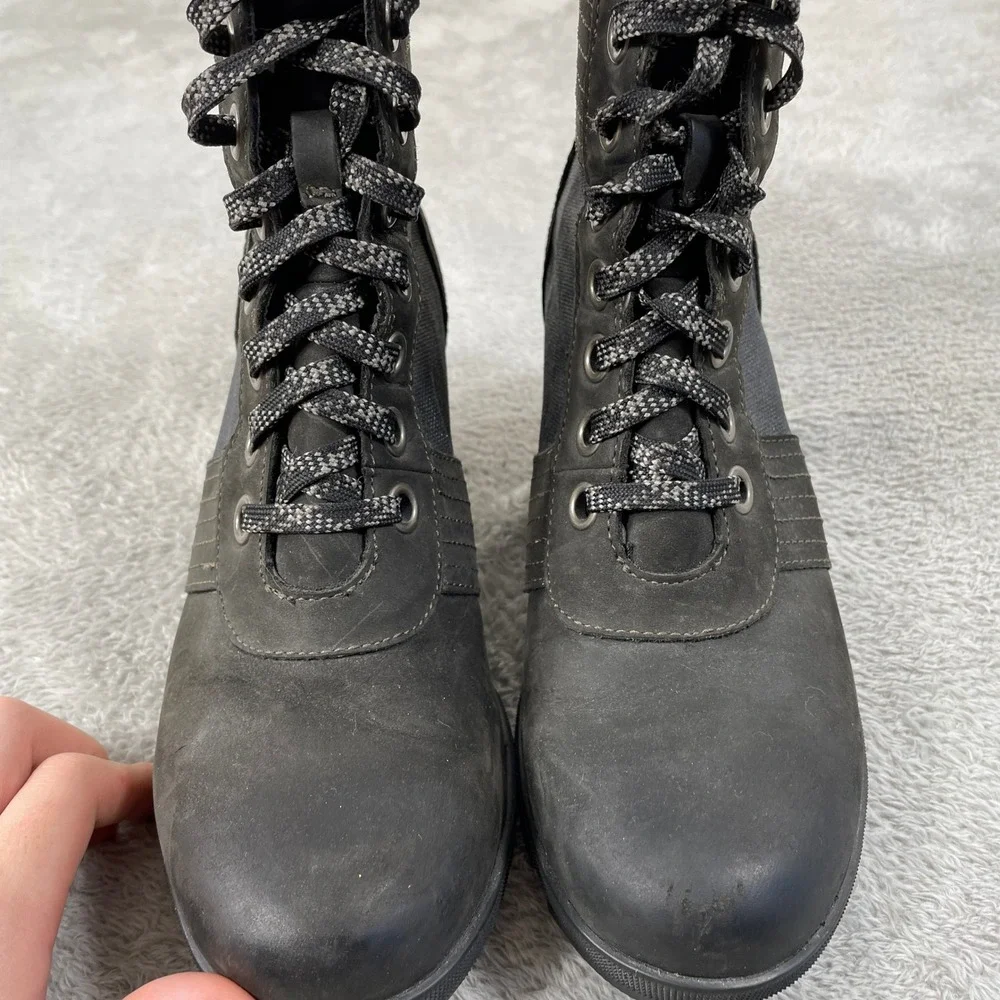 Sorel Lexie Wedge Boot Womens 9 Black Waterproof Leather Canvas Lace Up Outdoor